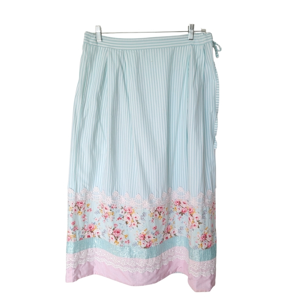Handmade Cottagecore Soft Girl Floral Striped Maxi Skirt Green and Pink Size XL